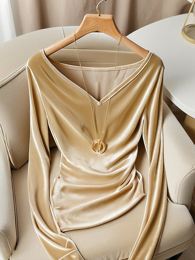 Blusa Champagne Escote V Manga Larga Plisada Terciopelo para Invierno - Image 9