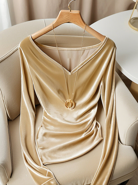 Blusa Champagne Escote V Manga Larga Plisada Terciopelo para Invierno - Image 9
