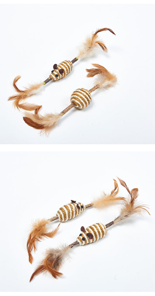 Feather and sisal cat toy with a wooden stick, green sisal ball, and brown feathers for molar cleaning. - Image 11