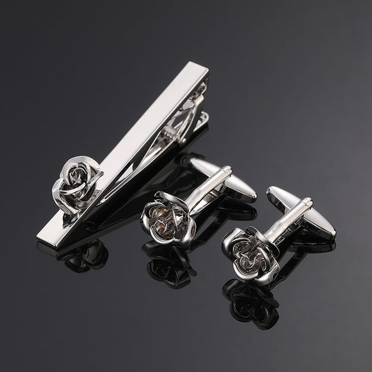Juego de Clips de Corbata y Gemelos con Cristales Negros y Patrón Floral Esmaltado en Oro y Plata - Image 53