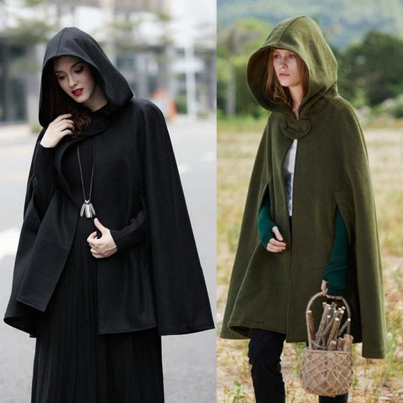 Poncho Capa de Lana con Capucha y Botones Oversized para Mujer