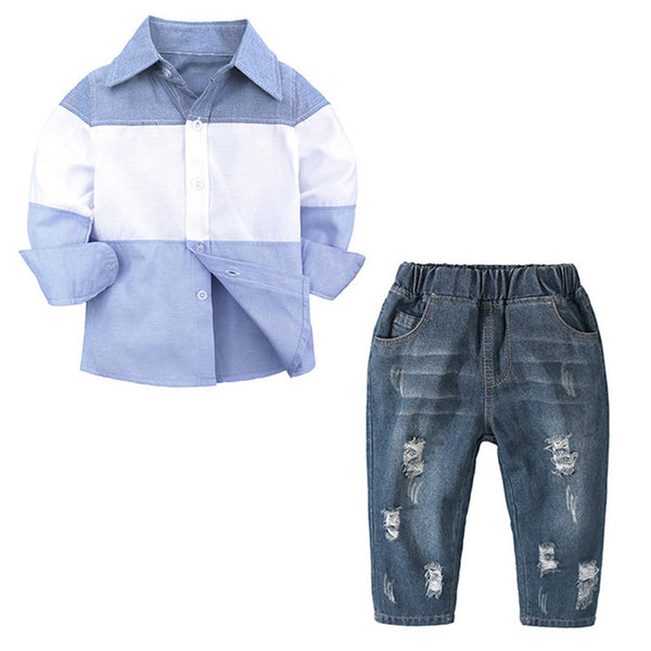 Conjunto Infantil: Camisa Manga Larga + Jeans Rotos para Primavera y Otoño