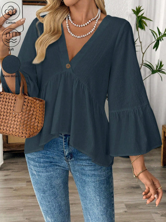 Blusa Cuello V con Mangas Volantes en Colores Sólidos - Image 25