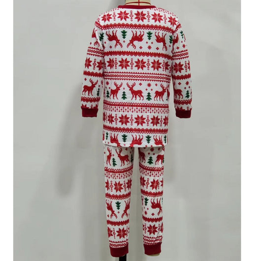 White long-sleeved pajama set with red and green Fair Isle Christmas pattern featuring reindeer and trees. - Image 10