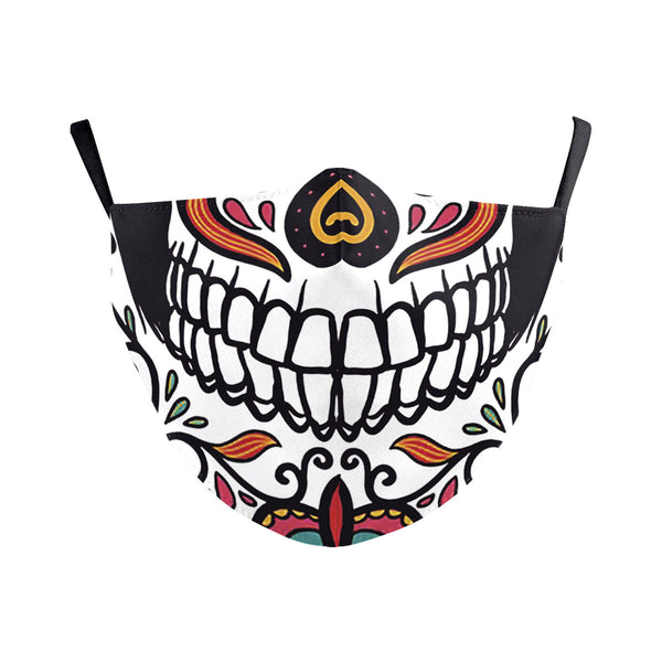 White dust mask with a colorful Day of the Dead sugar skull design, featuring a skeletal mouth and floral accents. - Image 4