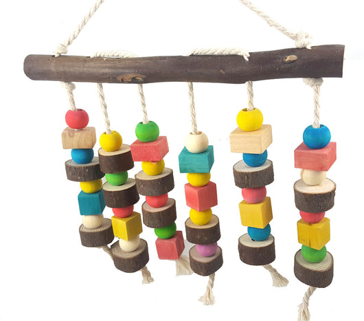 Colorful wooden parrot bite toy with a natural branch hanger and multiple strings of beads and blocks. - Image 6