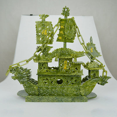 Barco Dragón de Jade Natural 38cm - Decoración de Lujo Navegación Tranquila