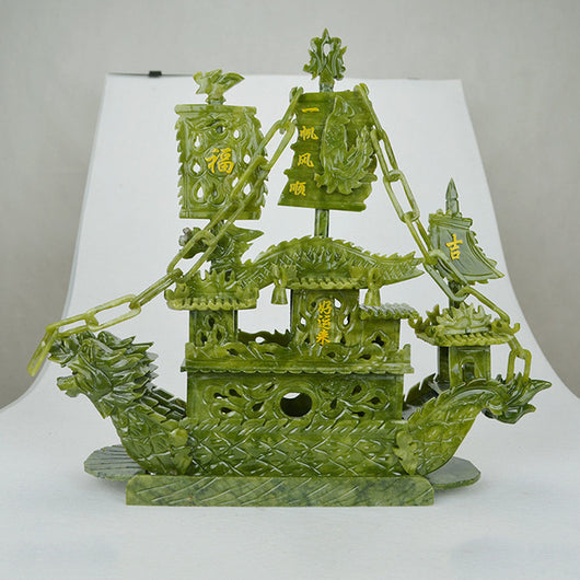 Barco Dragón de Jade Natural 38cm - Decoración de Lujo Navegación Tranquila