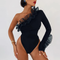 Bodysuit Elegante con Cuello Asimétrico y Manga Volante en Malla