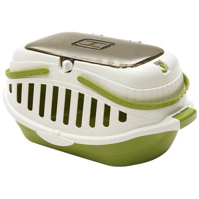 White and pink portable pet carrier with a transparent brown top, ventilation slots, and a sturdy handle. - Image 8