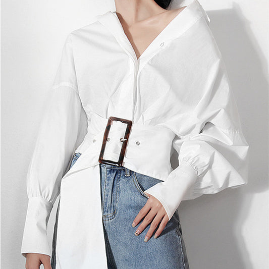 Camisa Blanca Manga Larga con Diseño de Cinturón
