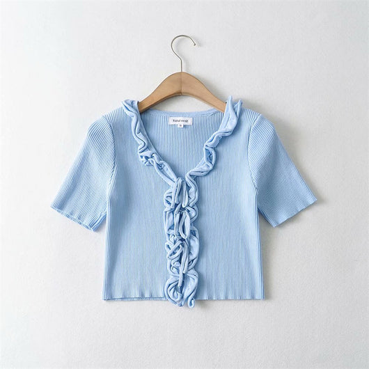 Cardigan de Encaje Talle Alto Ajustado Manga Corta para Mujer