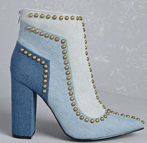 Botines Denim Colorblock con Tacón Robusto y Punta Afilada