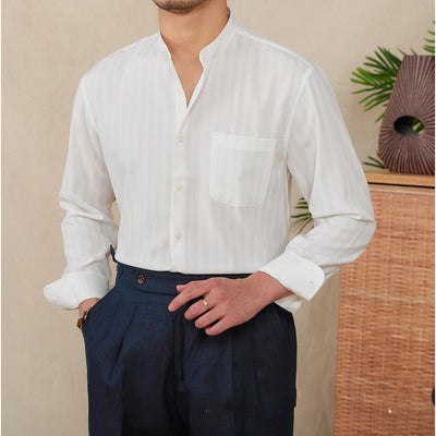 Camisa de Manga Larga con Rayas Seersucker y Cuello Ancho