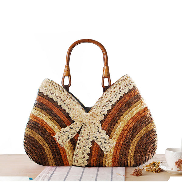 Bolsa de Rafia Tejida con Rayas Arcoíris - Estilo Casual Japonés y Coreano