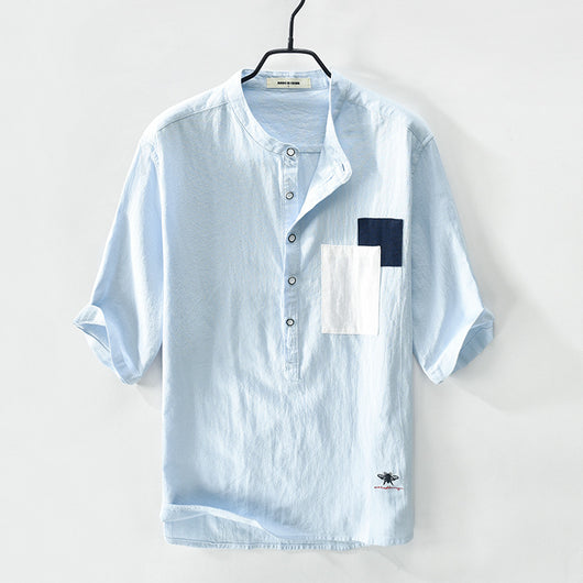 Camisa Hombre Manga Cinco Puntos Algodón Lino con Parches
