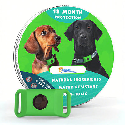 Pink pet collar accessory in front of a circular flea and tick collar label with two dogs. - Image 10