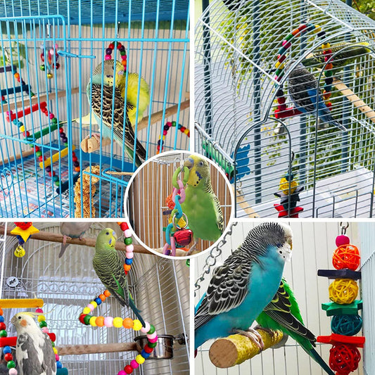 7-piece set of colorful wooden parrot toys with bells, including swings, perches, and chew toys for bird cages.