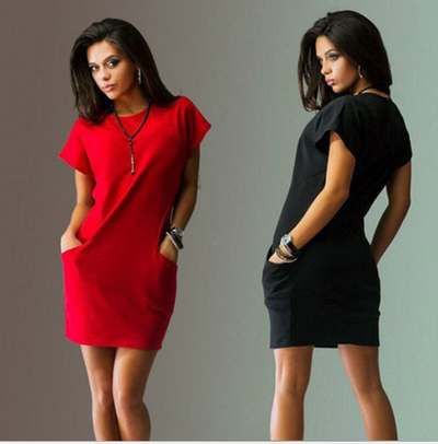 Vestido Camiseta Ajustado Negro y Azul con Bolsillos - Manga Corta Casual para Mujer - Image 8