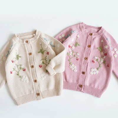 Cardigan Tejido para Niña con Bordado de Fresa y Flores