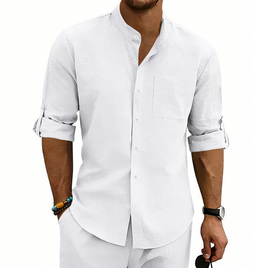 Camisa de Lino Estilo Americano con Cuello Mao y Mangas Medianas para Hombre - Image 34