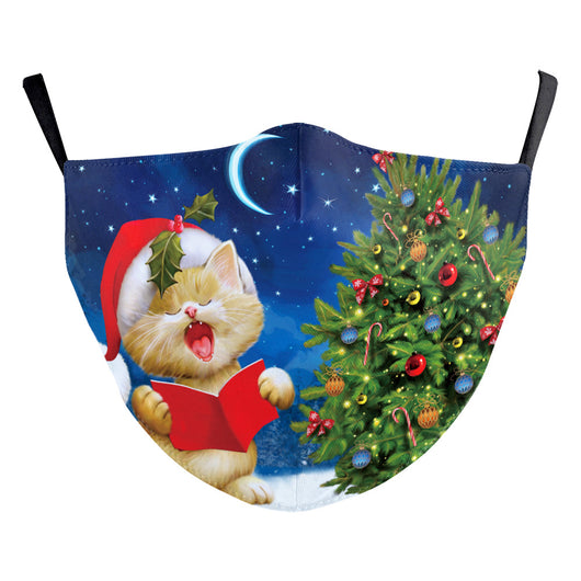 Christmas dust mask with a cartoon kitten in a Santa hat singing carols next to a decorated Christmas tree. - Image 8