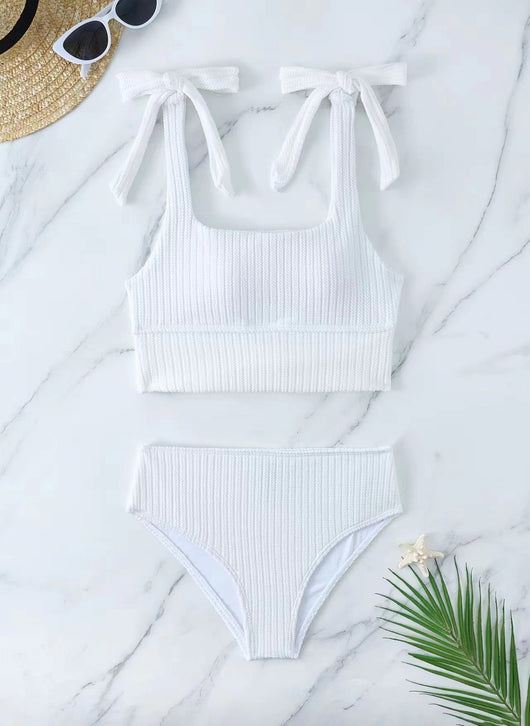 Green textured knit two-piece swimsuit with a square-neck crop top and high-waisted bottoms, featuring tie-shoulder straps. - Image 33