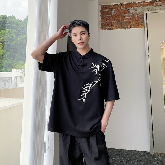 Camisa de Manga Corta con Bordado de Hojas de Bambú para Hombre