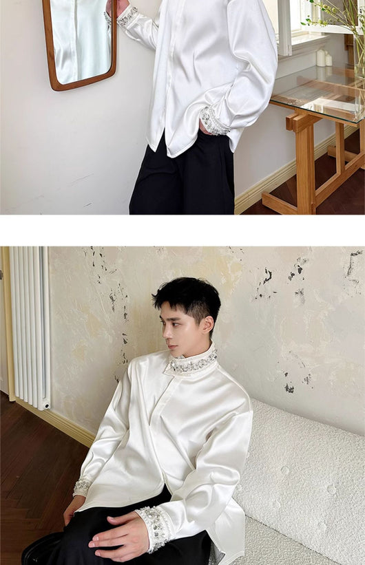 Camisa de Satén Elegante para Hombre con Cuello Mao y Detalles de Lentejuelas Brillantes - Image 13
