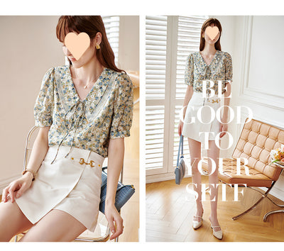 Blusa Elegante Cuello Francés Efecto Reductor en Chifón Floral - Image 10