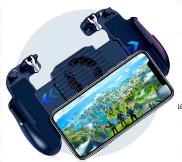 Red and blue smartphone game controller grip with integrated cooling fan and metal trigger buttons, connected to a white USB cable. - Image 13