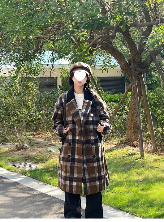 Abrigo de Lana Cuadros Coreano Café para Mujer - Image 12