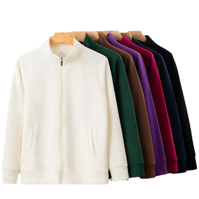 Purple full-zip jacket with a stand-up collar, raglan sleeves, and front pockets, displayed on a hanger. - Image 5