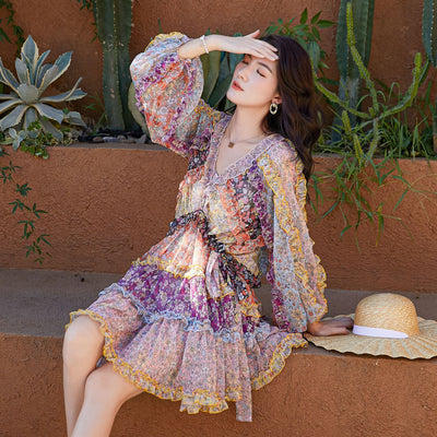 Vestido Largo Floral con Cintura Ajustada y Mangas Farol - Image 6