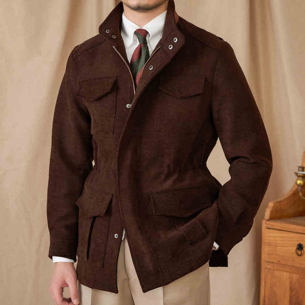 Chaqueta Safari Vintage con Cintura Elástica y Múltiples Bolsillos
