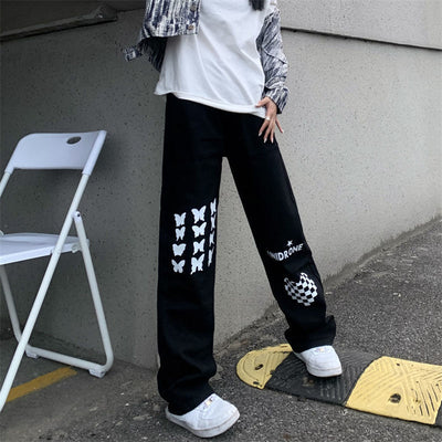Pantalones Rectos Cintura Alta con Estampado Cuadriculado Corazones