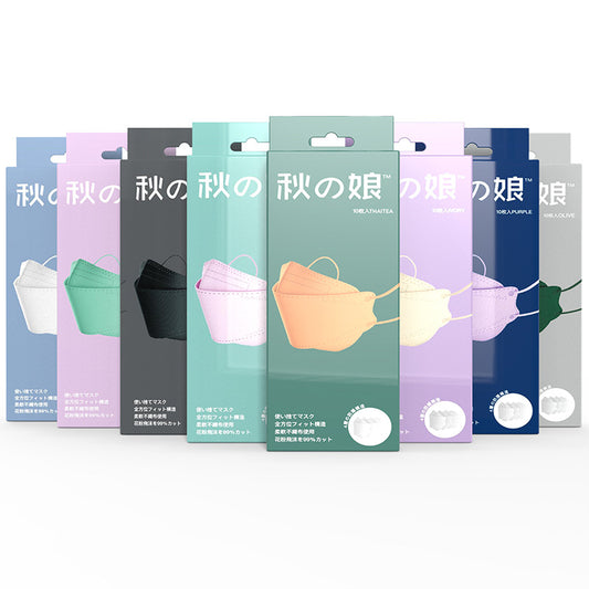 White fish-shaped protective masks in a 10-pack box and a single-pack pouch, featuring Japanese text.