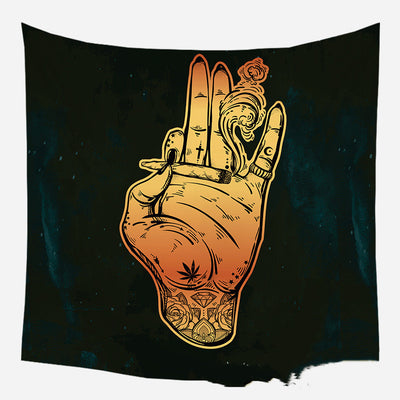 Golden crescent moon and woman silhouette tapestry with a floral crown against a dark blue starry background. - Image 66