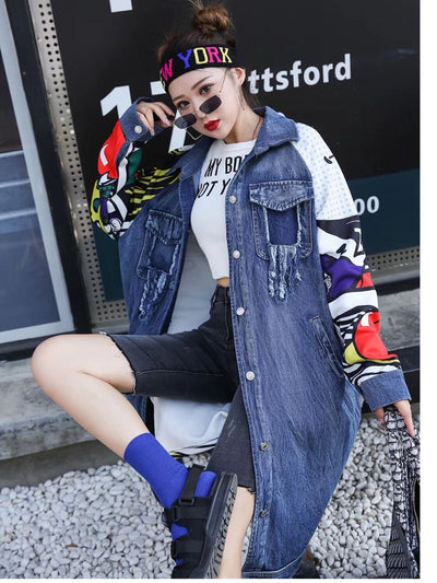 Chaqueta Denim con Detalles de Costura Graffiti - Abrigo Largo Tipo Windbreaker - Image 5