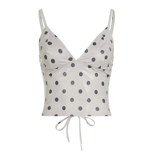 Camiseta de Cuero con Lunares y Escote en V para Mujer, Ajuste Ceñido - Image 7