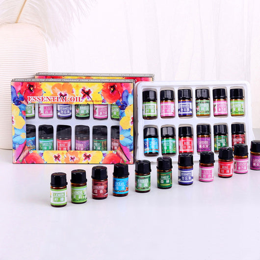 Set of 12 water-soluble aromatherapy essential oils in small bottles, including lemon, lavender, rose, and jasmine.