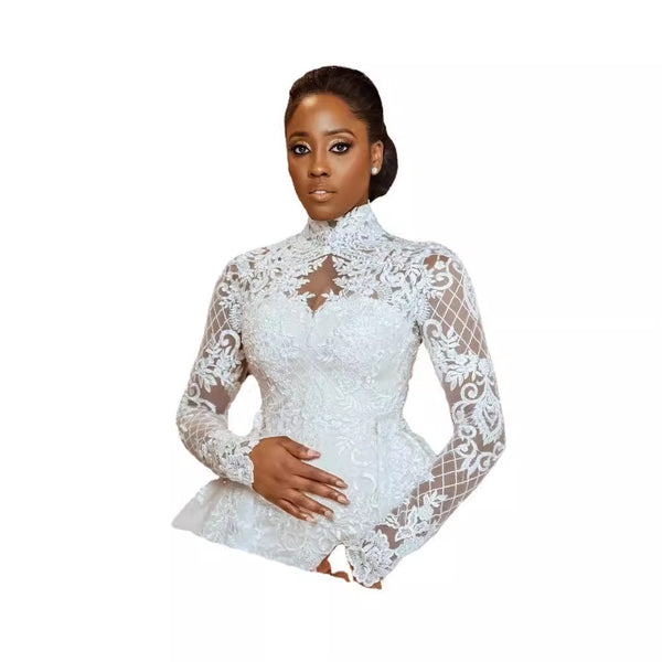 Vestido de Novia con Encaje y Cuello Mao Manga Larga - Image 3