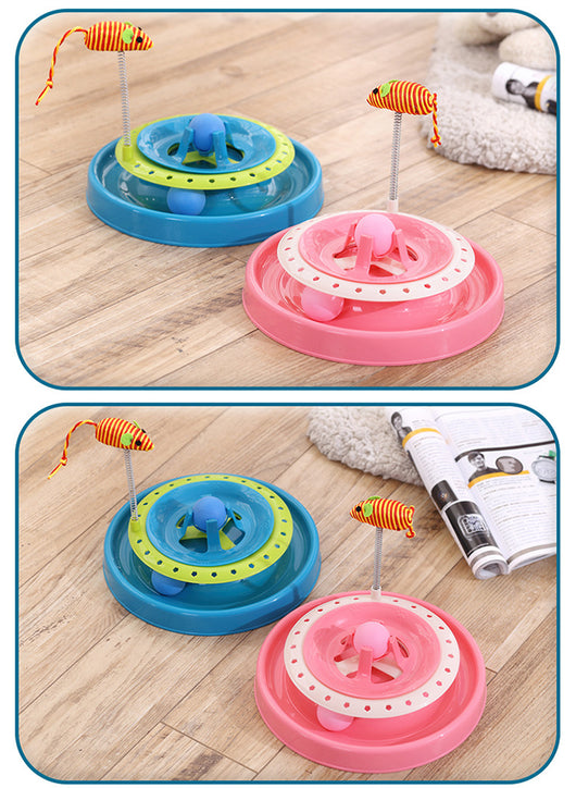 Pink two-tier cat play plate with a rolling ball track and a spring-mounted striped mouse toy. - Image 8