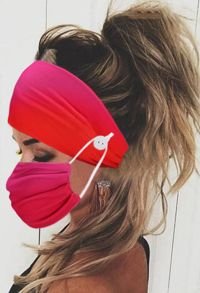 Gradient orange and yellow headband with buttons for attaching a matching pleated face mask, modeled by a woman. - Image 14