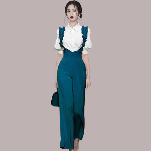 Conjunto Elegante: Blusa con Mangas Abullonadas y Pantalón Talle Alto Pierna Ancha