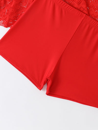 Plus size red two-piece swimsuit with a sling top and a laser-cut swim skirt, worn with a straw hat. - Image 38