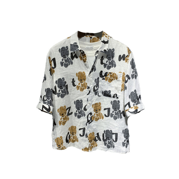 Camisa Lino Hombre Manga Corta Estampado Oso Retro Japonés Diseño Oversized