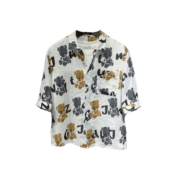 Camisa Masculina de Linho Manga Curta Estampa Urso Retrô Japonês Design Oversized