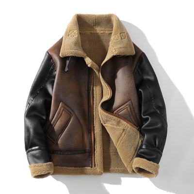 Abrigo de Invierno para Hombre con Cuero, Piel de Cordero y Acolchado Grueso