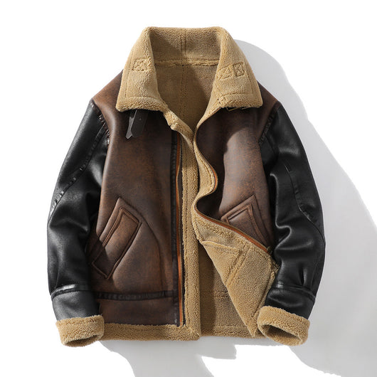 Abrigo de Invierno para Hombre con Cuero, Piel de Cordero y Acolchado Grueso